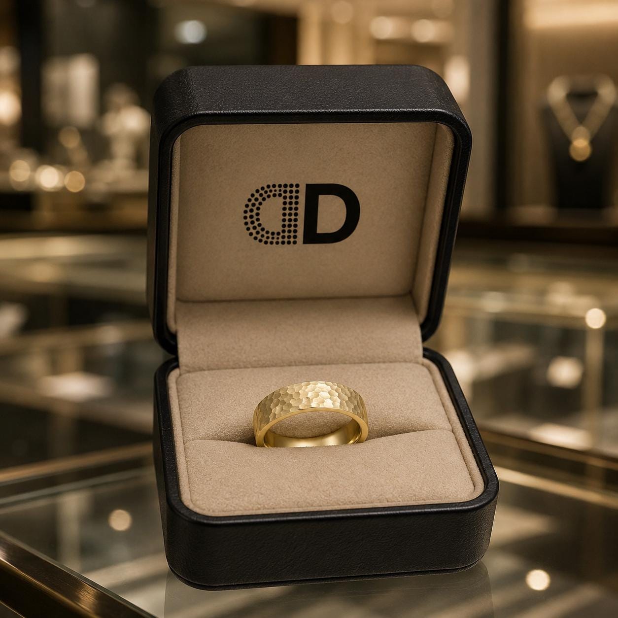 A gold ring is displayed in a black jewelry box with the letters "CD" printed on it.