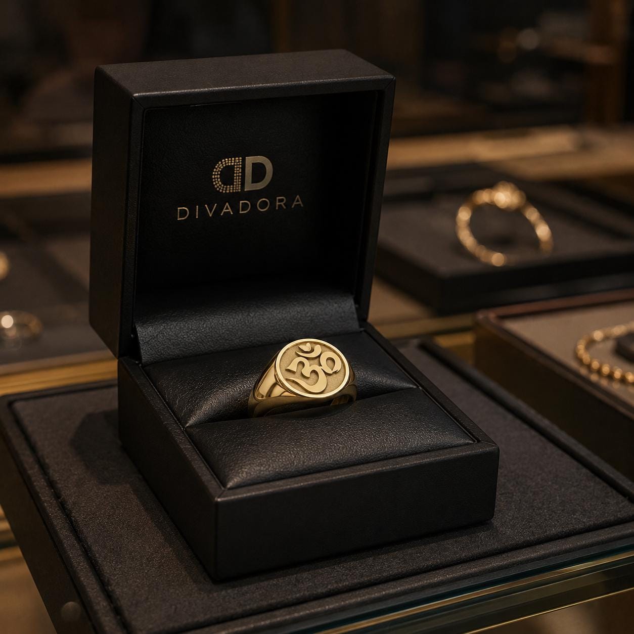 A gold ring is displayed in a black jewelry box with the Divador logo, placed on a glass table in a jewelry store.