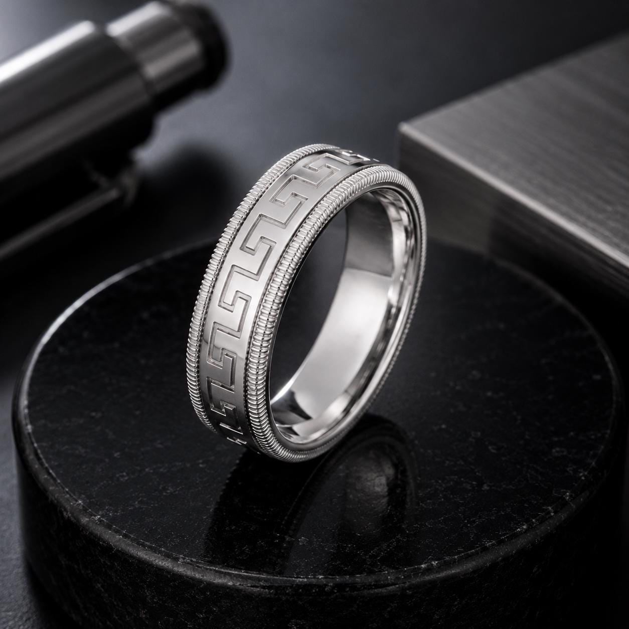 A silver ring with a decorative pattern sits on a black surface, with a pen and a piece of paper visible in the background.