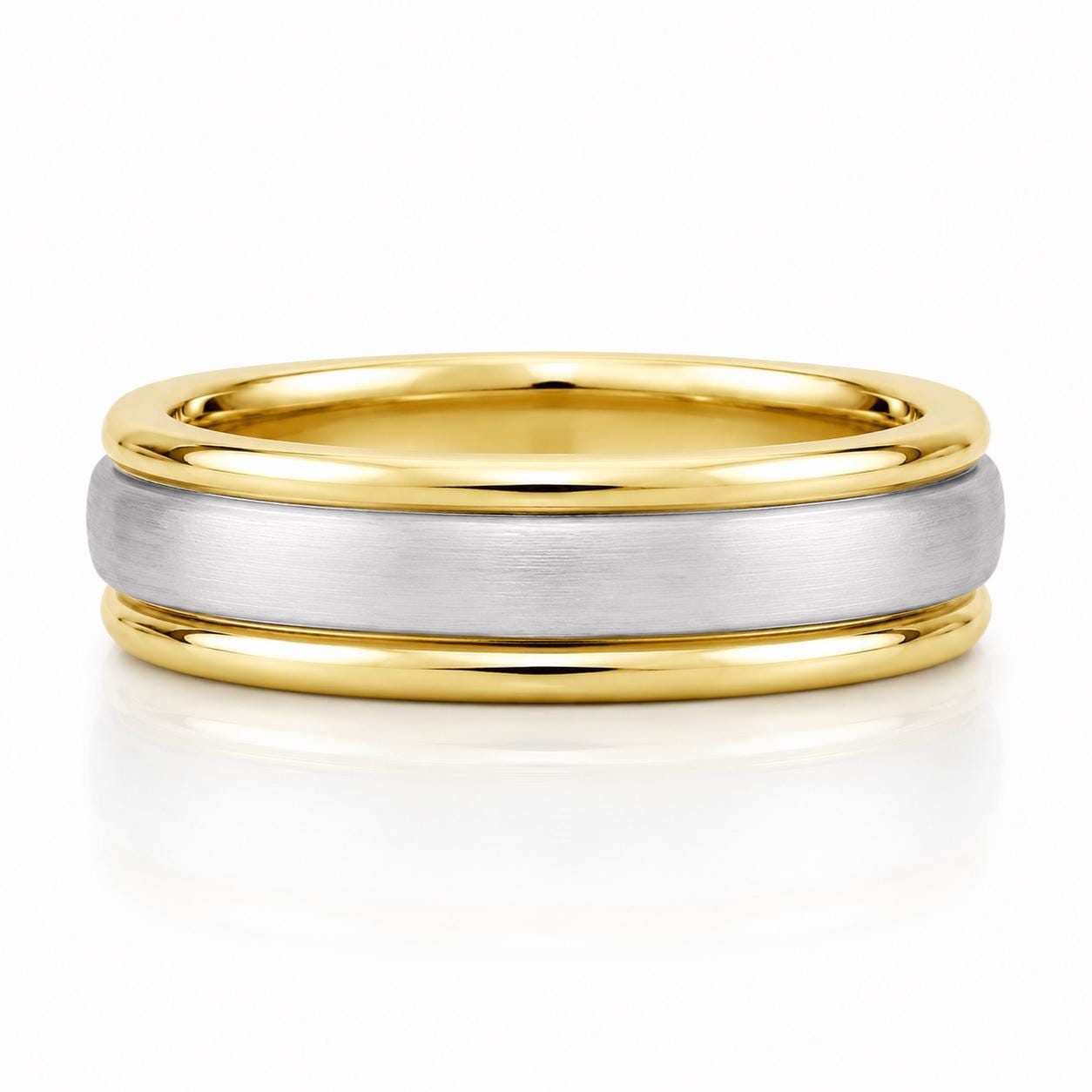 A gold and silver wedding band with a simple, elegant design.