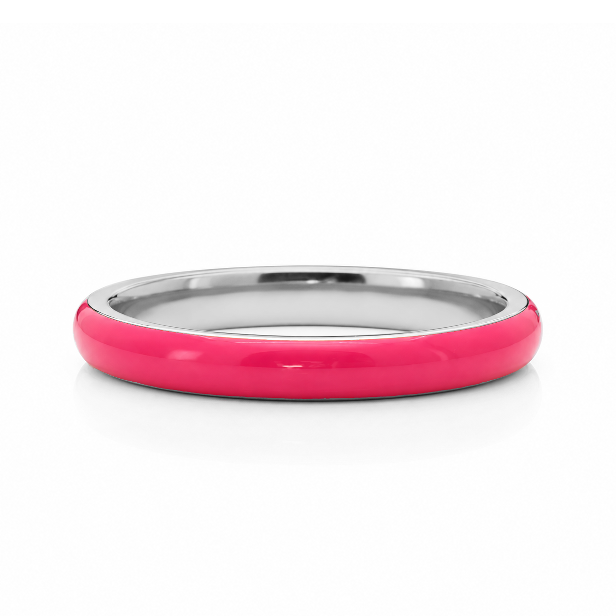 A bright pink, shiny bracelet with a silver band is shown against a white background.