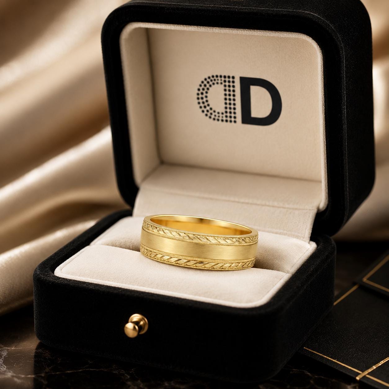 A gold wedding band is displayed in a black jewelry box with a white interior, placed on a marble surface.