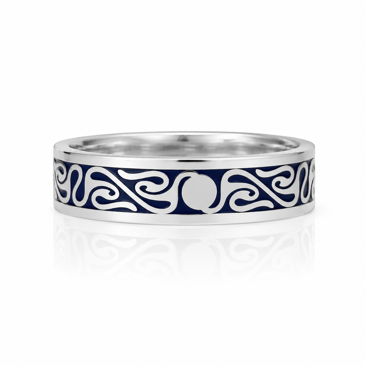 A silver ring with a blue and white swirling design on the band.