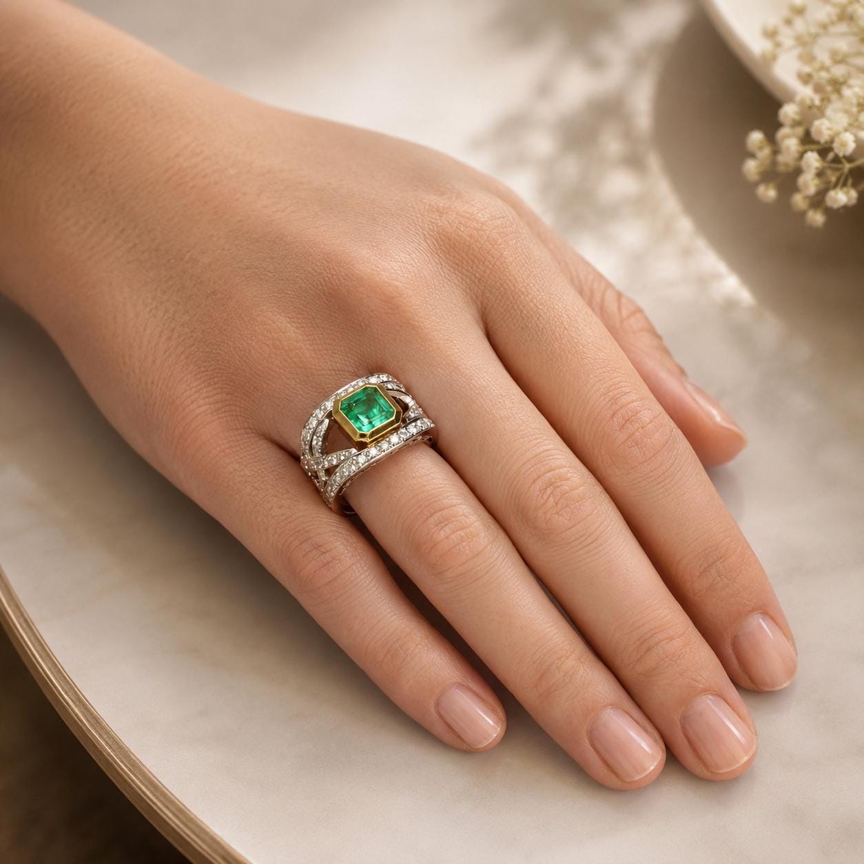 A close-up of a hand wearing a ring with a large, green gemstone.