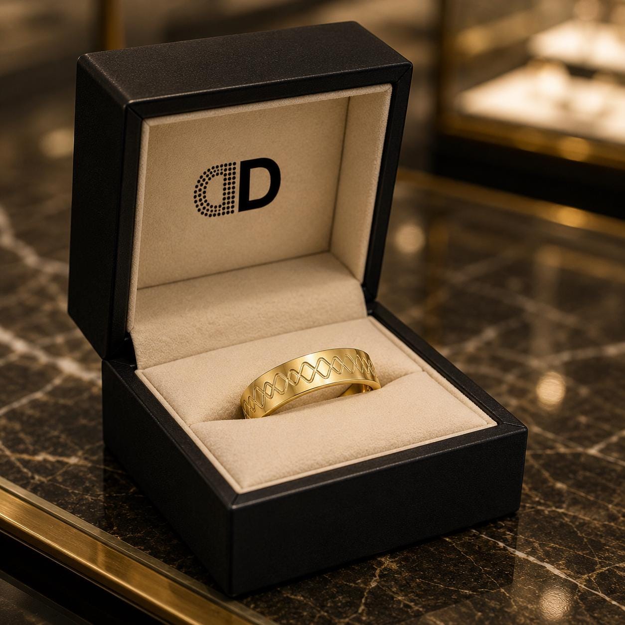 A gold ring is displayed in a black jewelry box with a gold-colored interior, placed on a marble countertop.