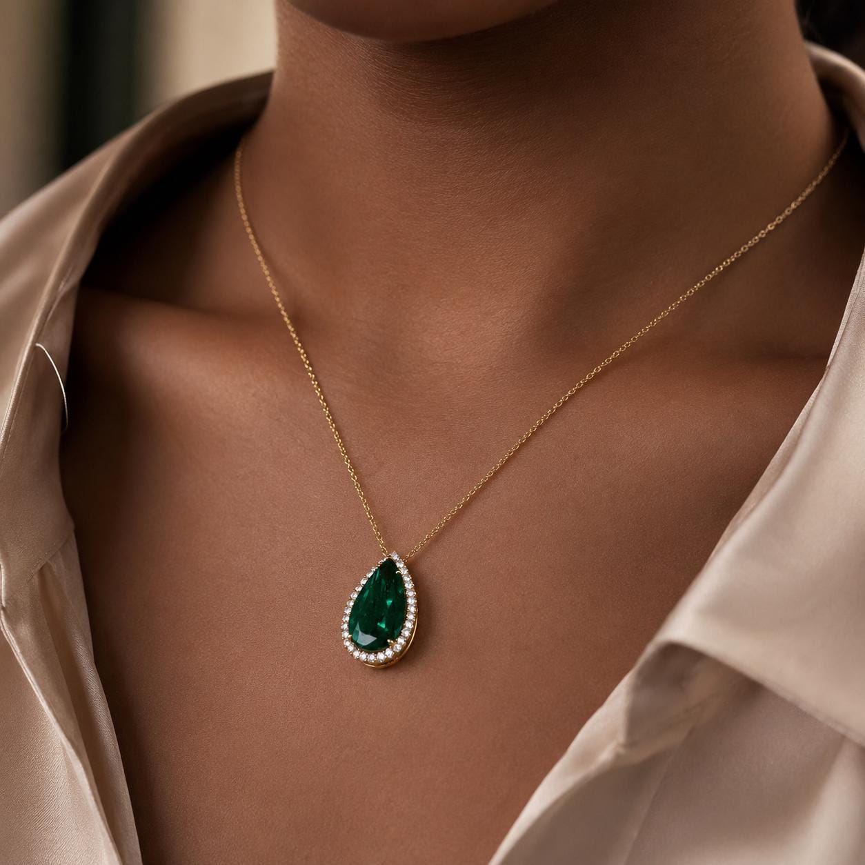 A close-up of a woman wearing a gold necklace with a large green gemstone pendant.