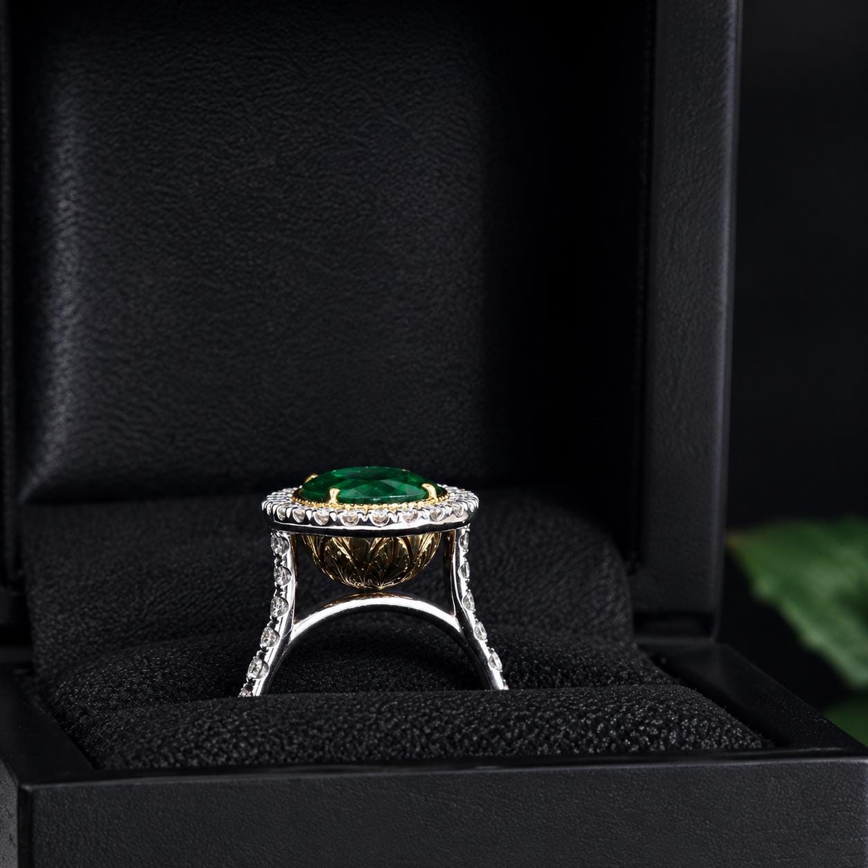 A diamond ring with a large green gemstone is displayed in a black jewelry box.