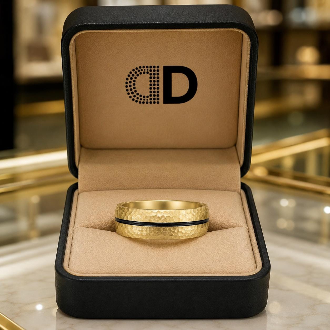 A gold ring is displayed in a black jewelry box with a gold-colored interior.