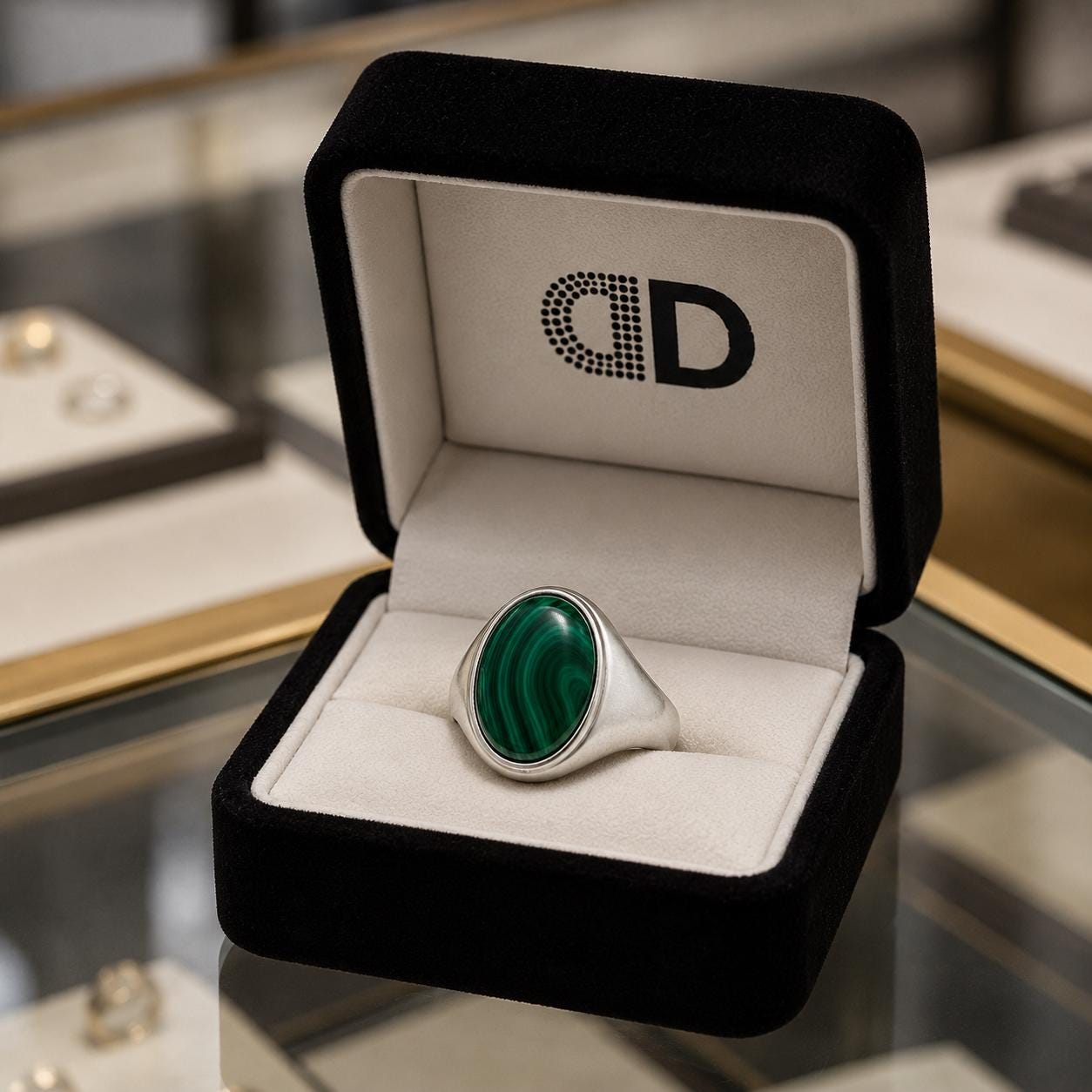 A ring with a green gemstone is displayed in a black jewelry box with a white interior, placed on a glass table.