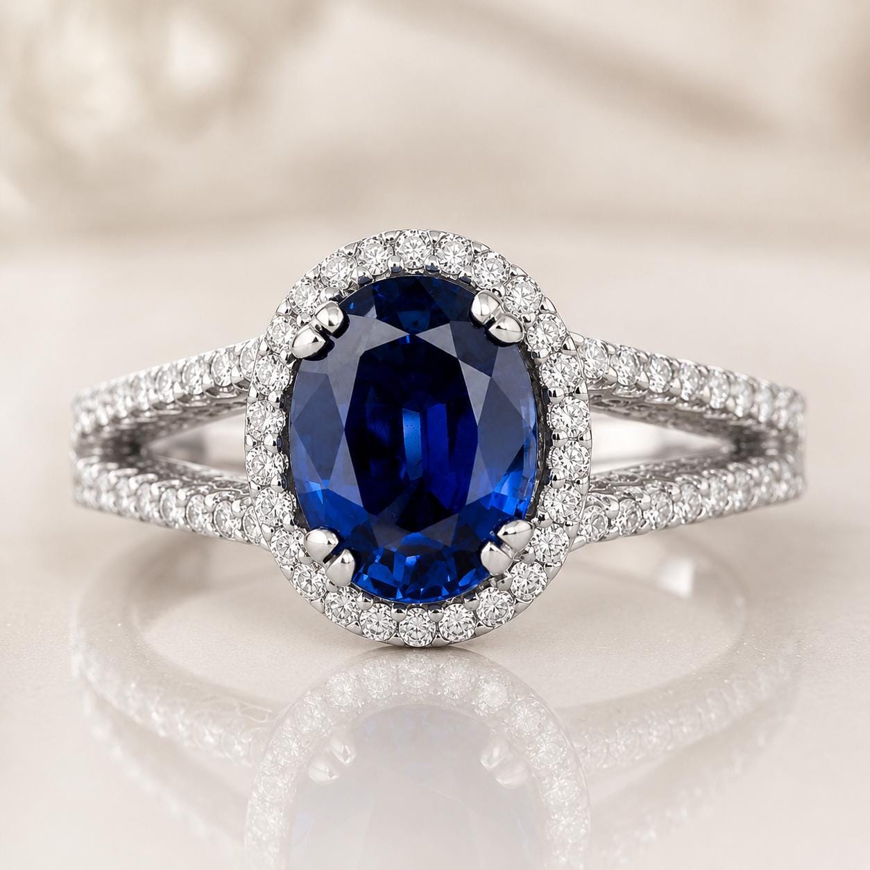 A stunning blue sapphire ring with a halo of diamonds set in a silver band, showcasing the gemstone's rich color and sparkle.