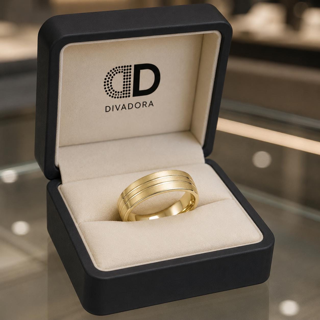A gold wedding band is displayed in a black jewelry box with the Divadora logo visible.