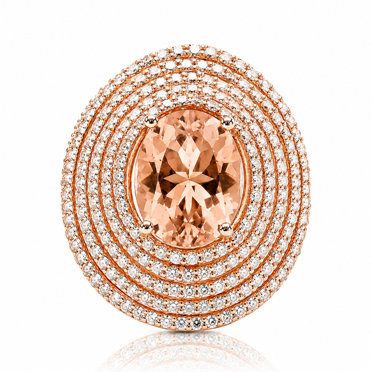 a large, round, peach-colored gemstone set in a ring with a repeating pattern of smaller diamonds around it.