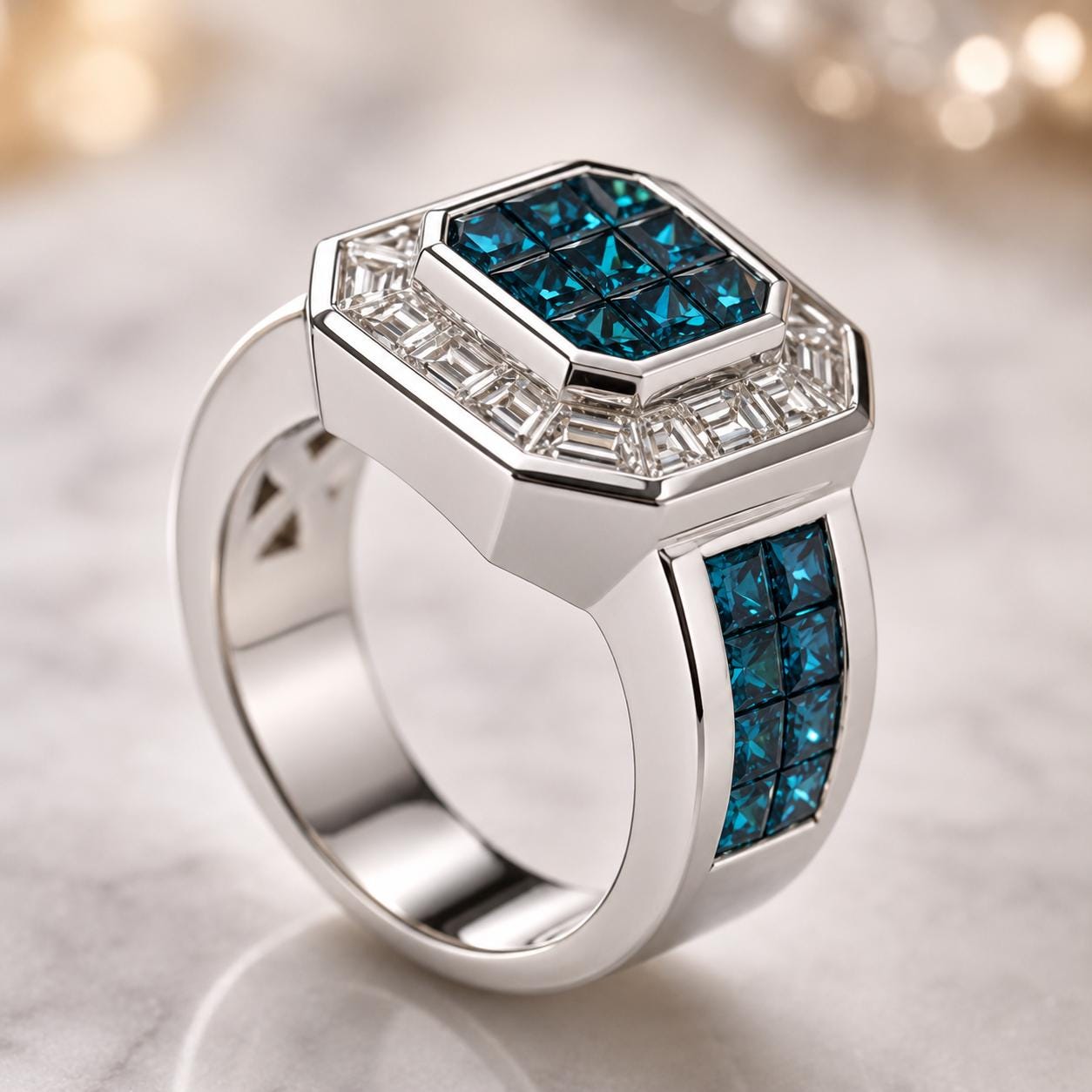 A silver ring with a large blue gemstone at the center, surrounded by smaller blue gemstones.