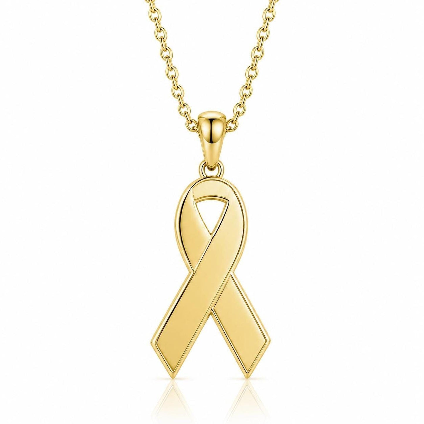 A gold-colored pendant necklace with a large, prominent ribbon symbol on it.
