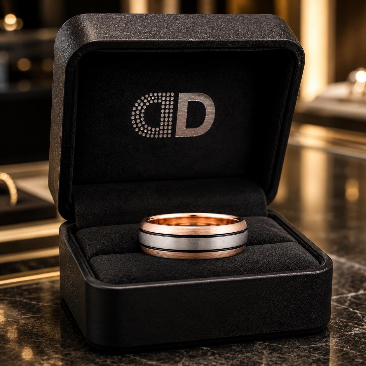 A gold and silver wedding ring is displayed in a black jewelry box with the letters "CD" on the lid.