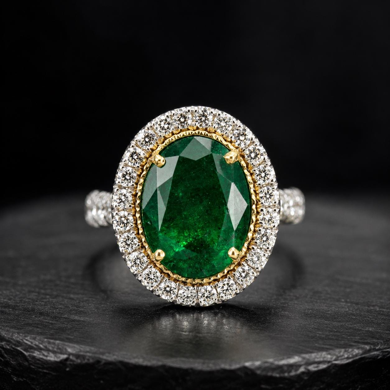 A close-up image of a diamond ring with a large oval-shaped green gemstone surrounded by smaller diamonds.