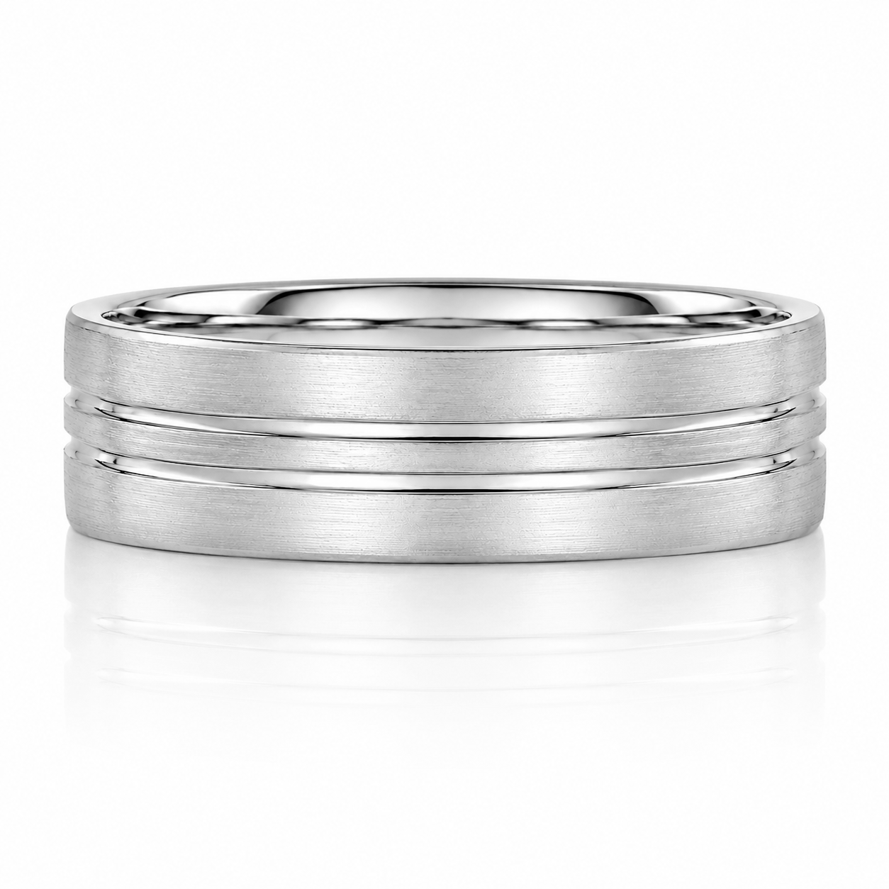 A silver-colored ring with a textured band design.