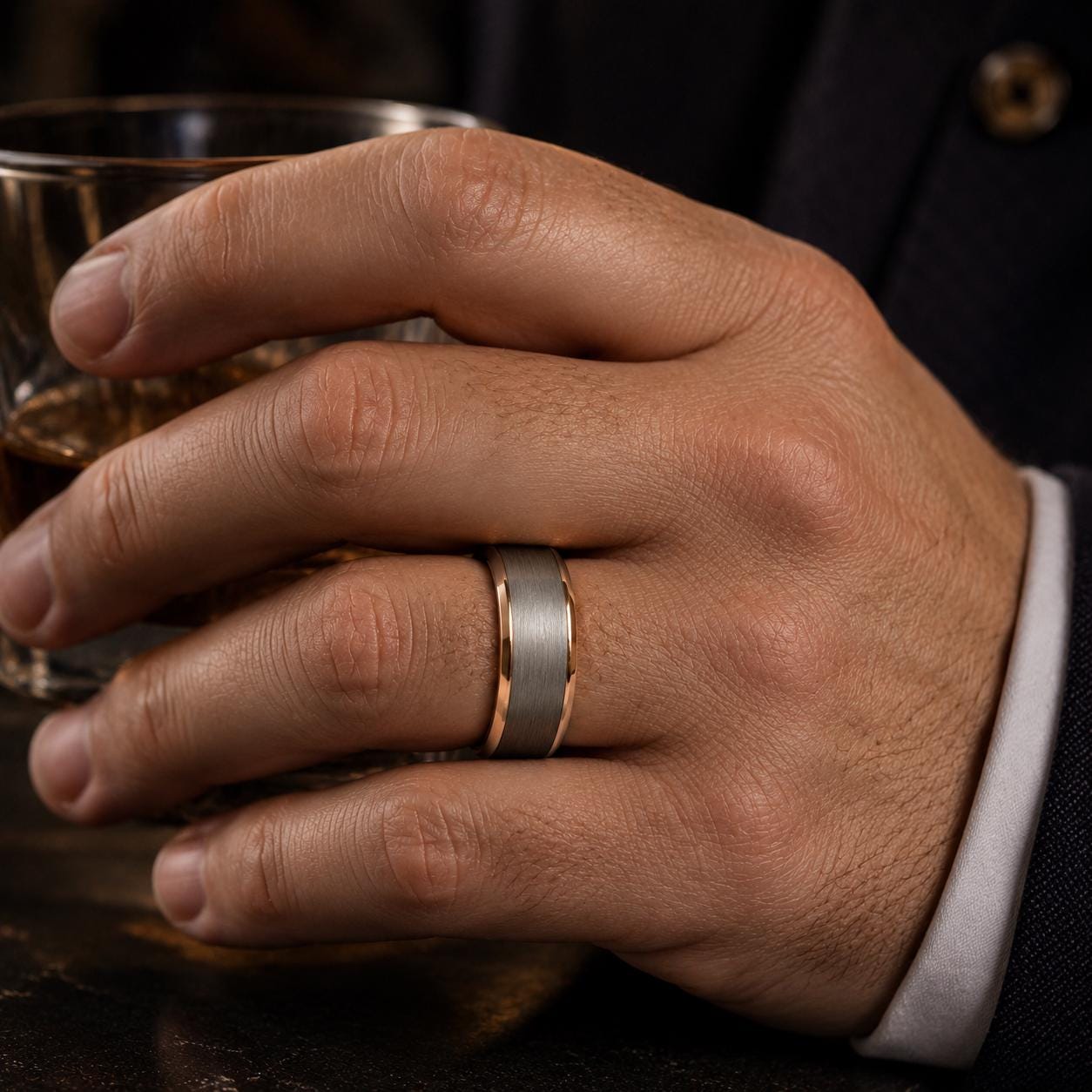 A close-up image of a hand wearing a silver ring, holding a glass of what appears to be a drink, possibly whiskey.