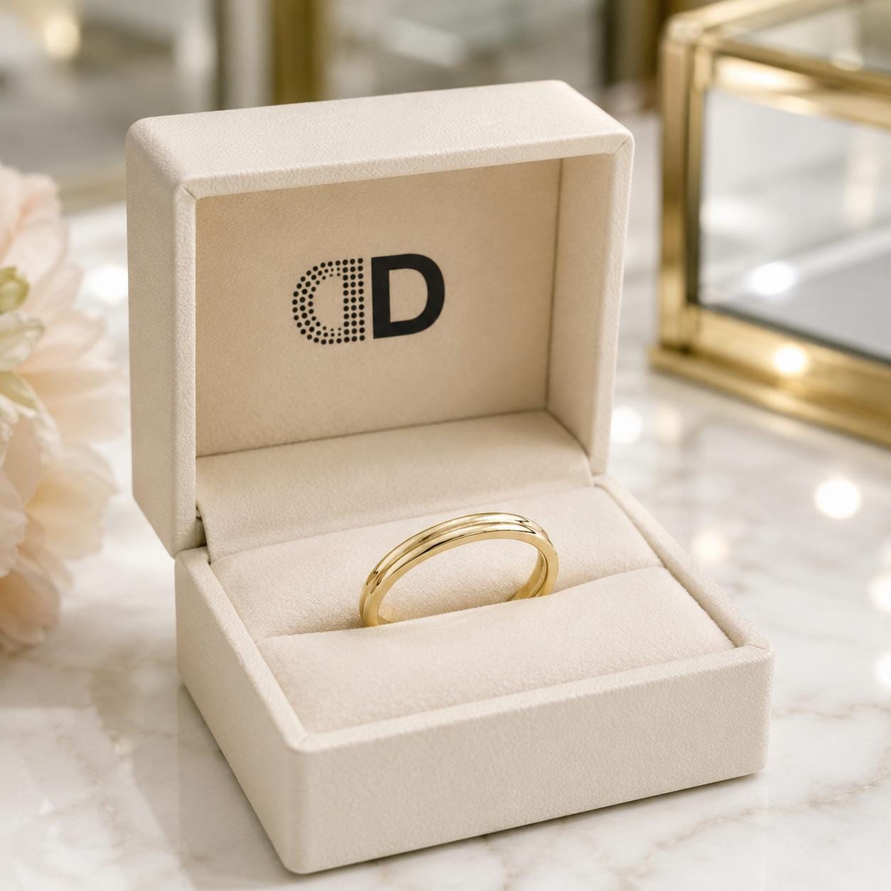 A gold ring is displayed in a white jewelry box with a gold frame, placed on a marble countertop.