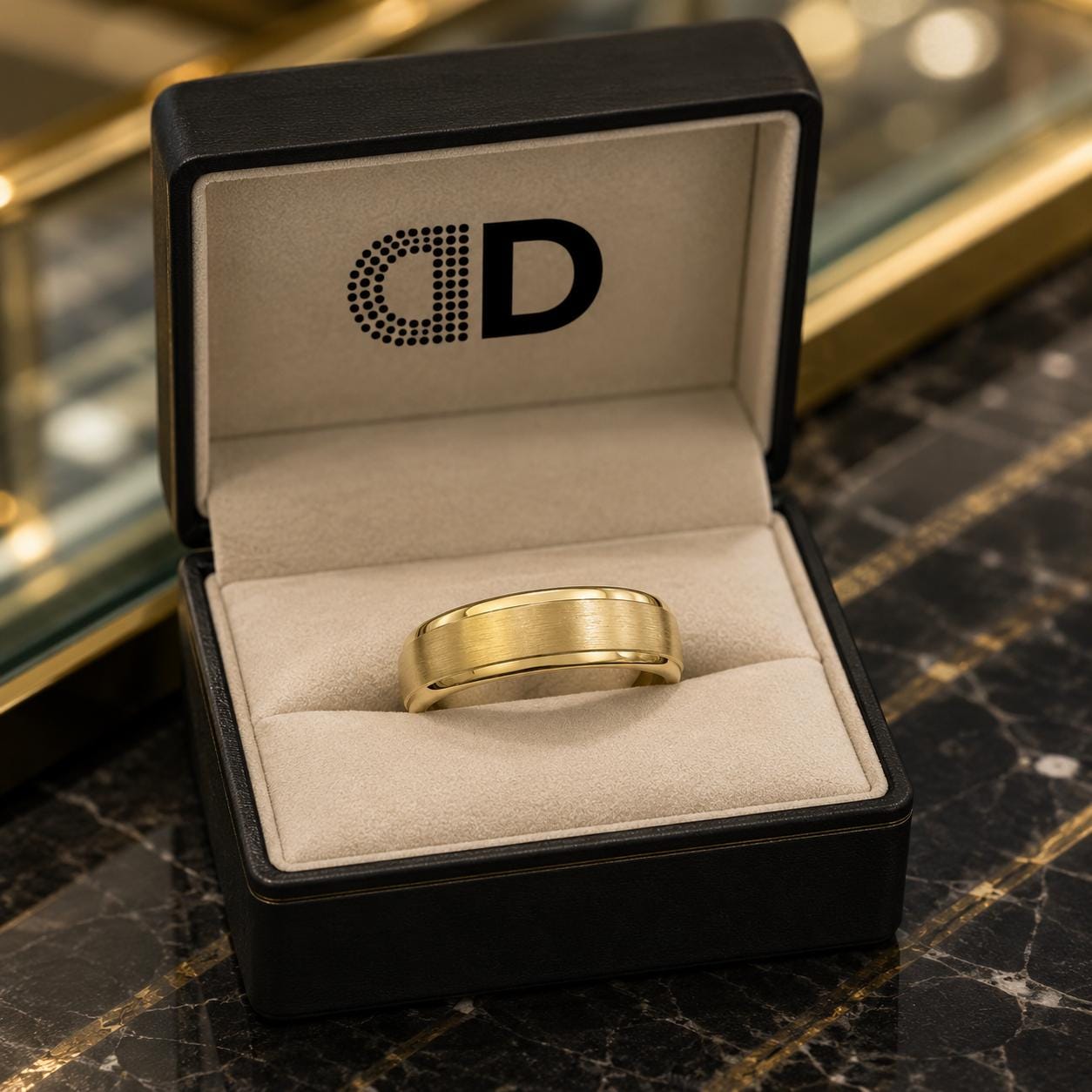 A gold ring is displayed in a black jewelry box with a gold-colored interior.
