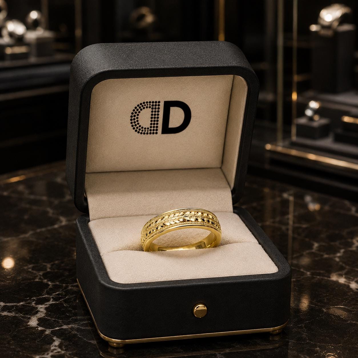 A gold ring is displayed in a black jewelry box with a gold-colored interior, placed on a marble surface.