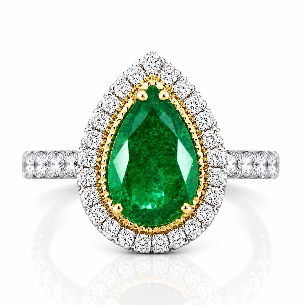 A stunning ring featuring a large, vibrant green gemstone surrounded by a halo of sparkling diamonds.