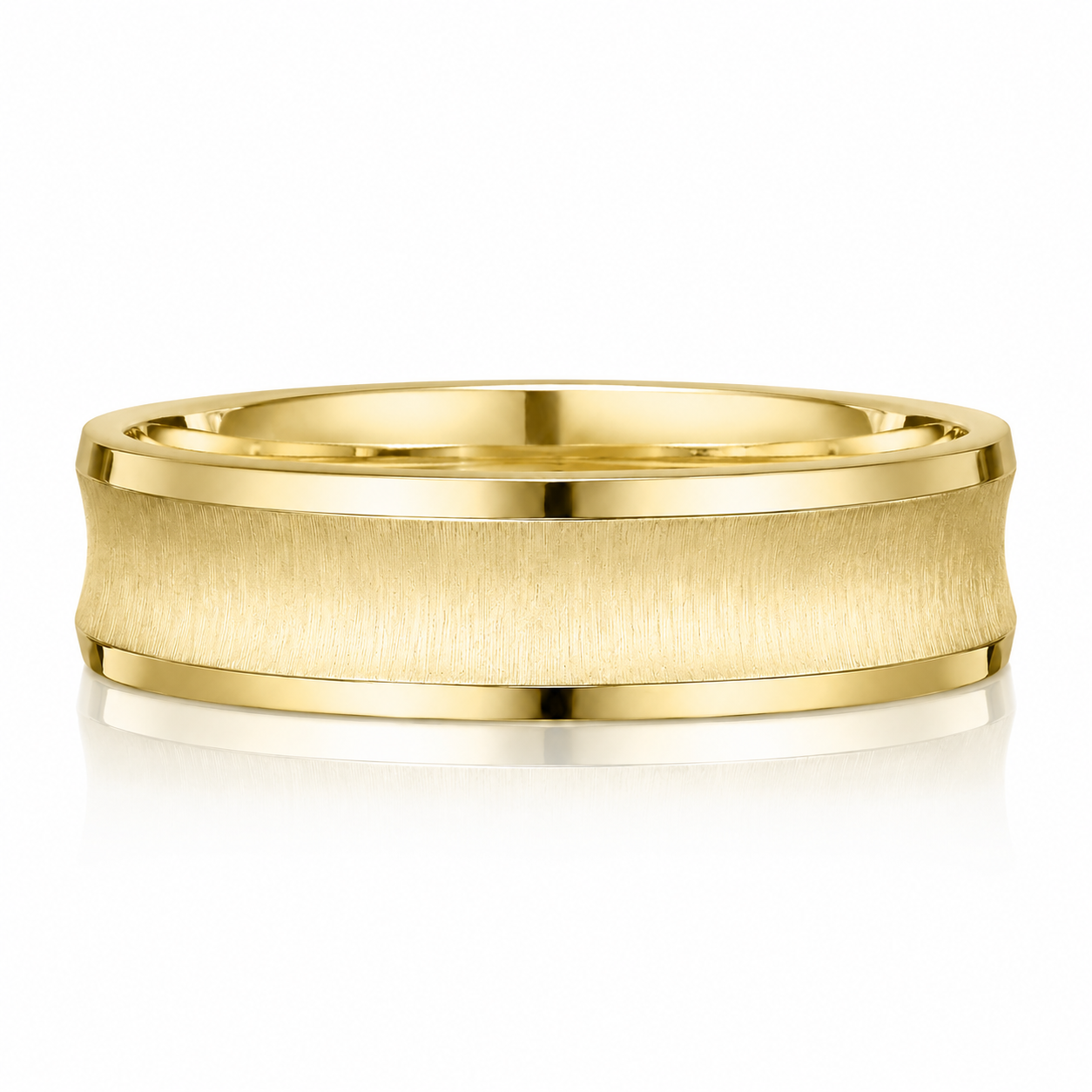 A gold ring with a textured band, showcasing its intricate design and craftsmanship.