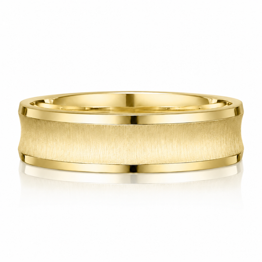 A gold ring with a textured band, showcasing its intricate design and craftsmanship.
