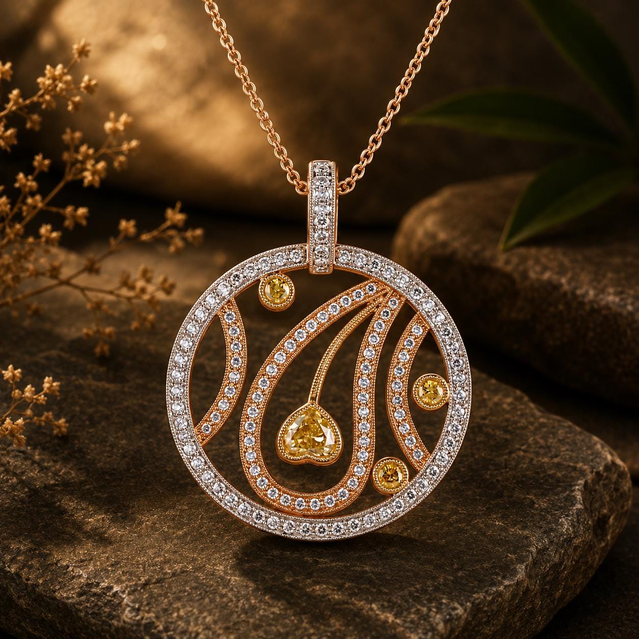 A beautiful pendant necklace with a circular design featuring a heart-shaped gemstone surrounded by smaller diamonds, set in a gold-toned metal.