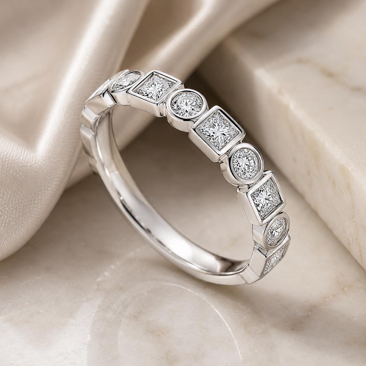 A silver ring with a row of small diamonds set in a beige fabric background.
