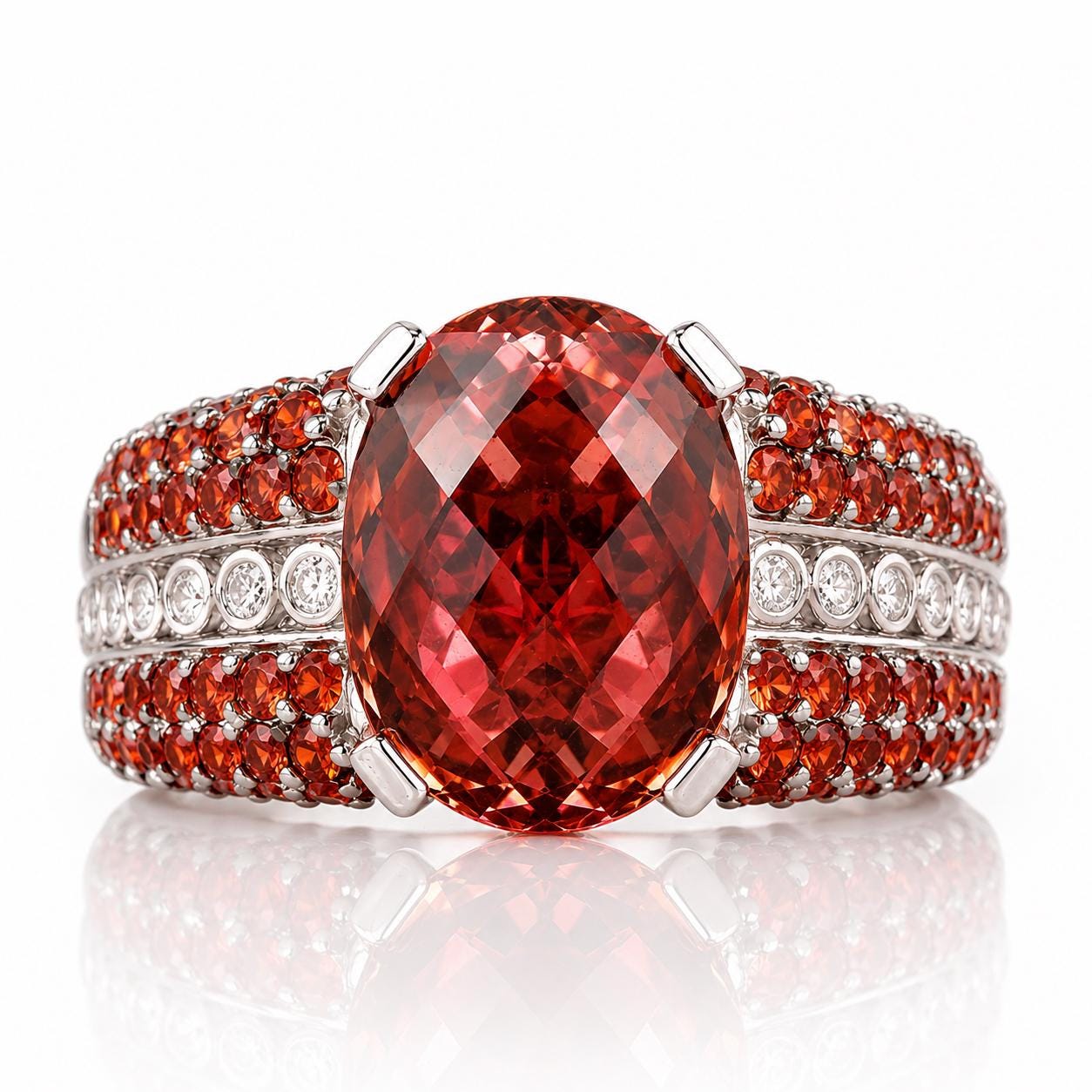 A large, round, red gemstone set in a ring, surrounded by smaller red gemstones and diamonds.