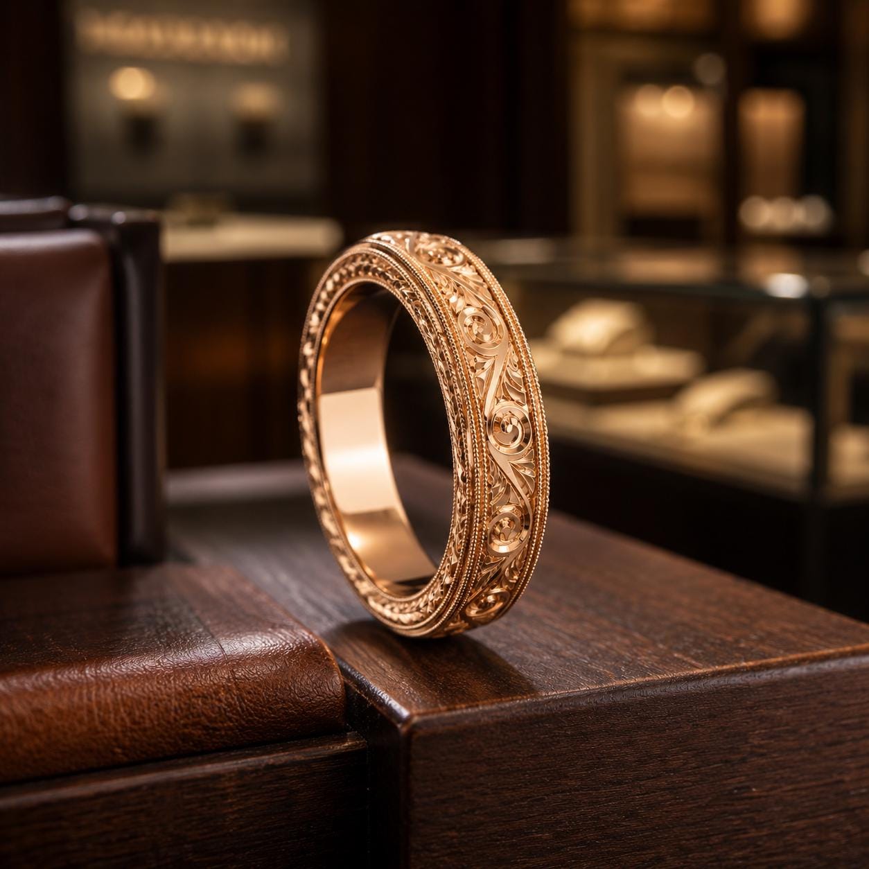 A gold ring with intricate designs is displayed on a wooden surface in a dimly lit room.