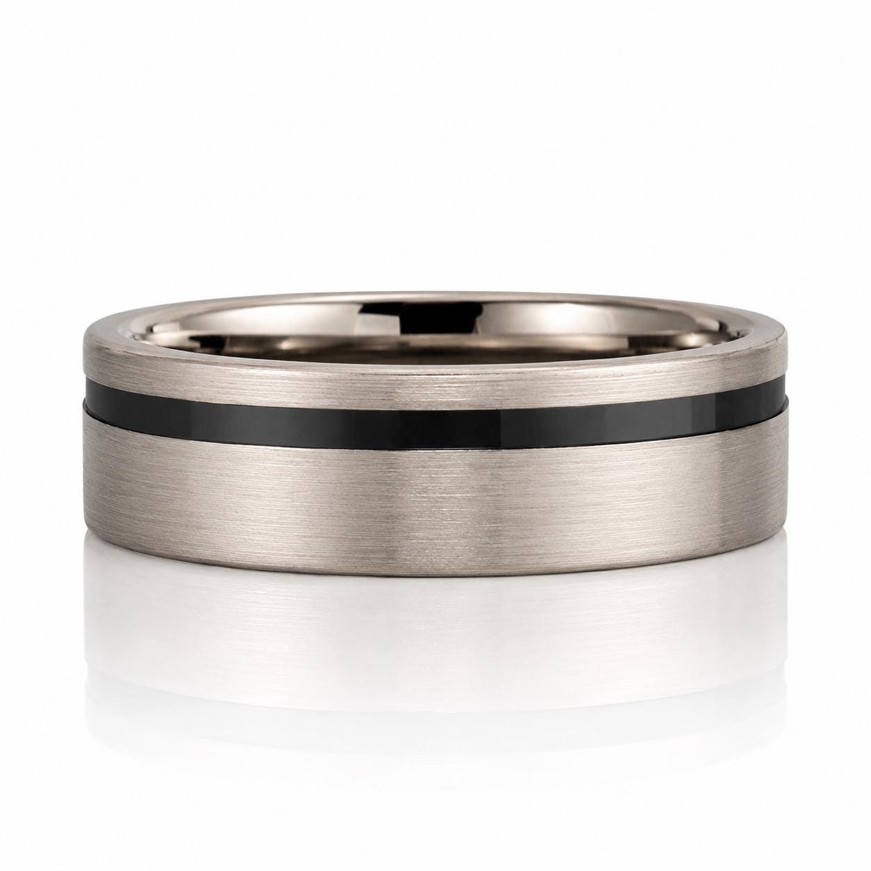 A silver ring with a black stripe running through it.