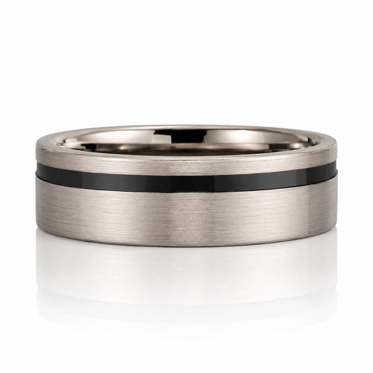 A silver ring with a black stripe running through it.