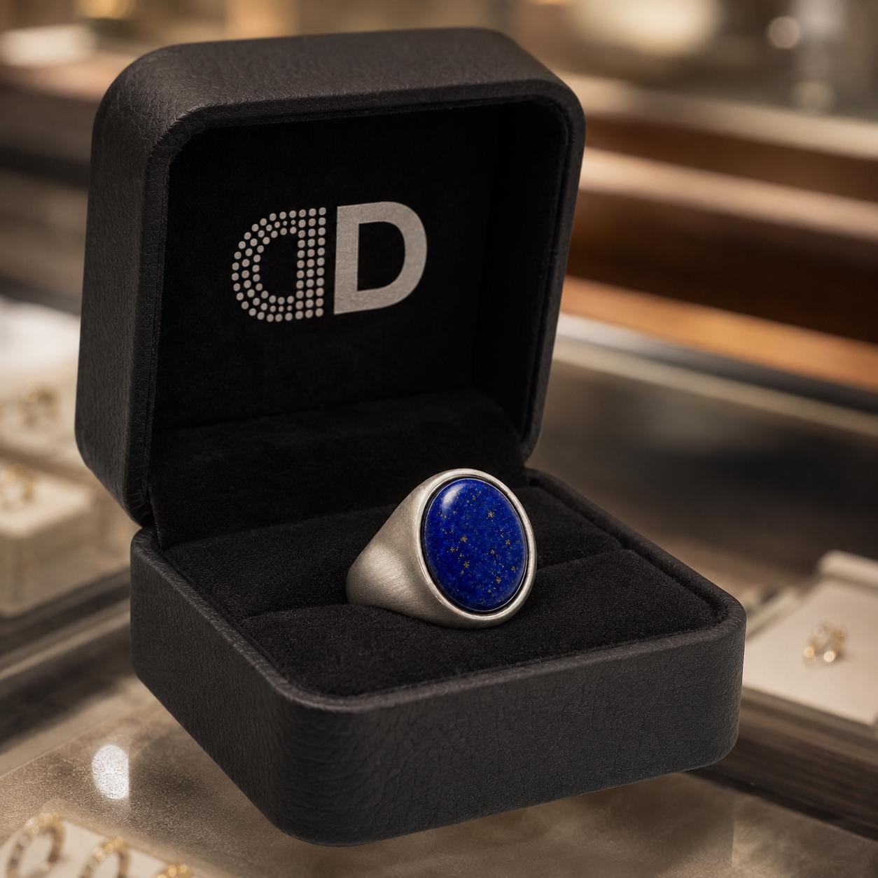 A silver ring with a blue stone is displayed in a black jewelry box with the letters 'CD' on it.