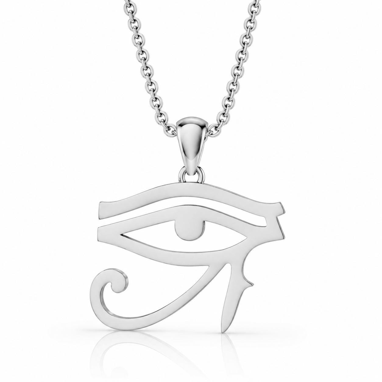 A silver-colored pendant necklace with a large eye symbol on it.