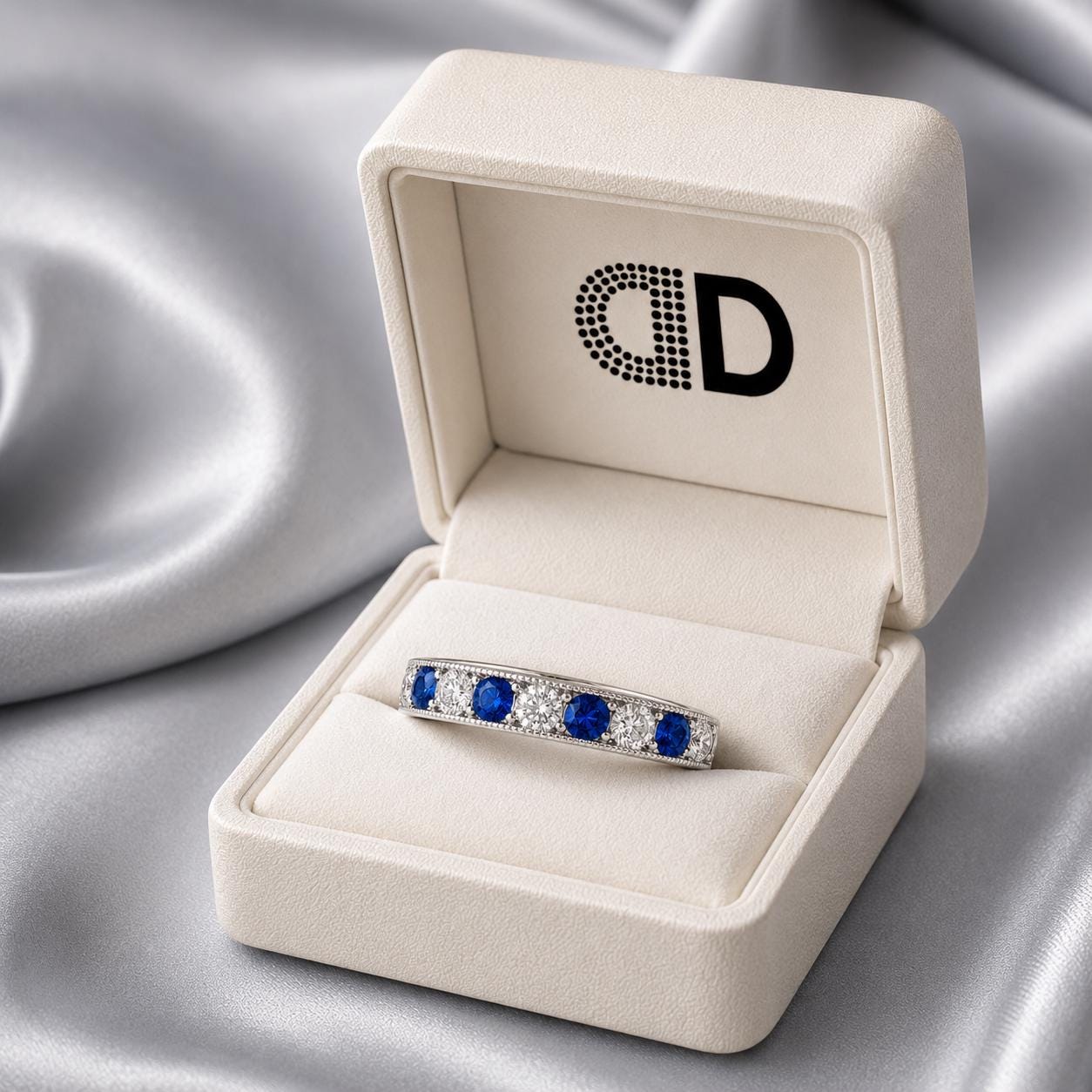 A white jewelry box containing a ring with blue gemstones, placed on a gray fabric background.