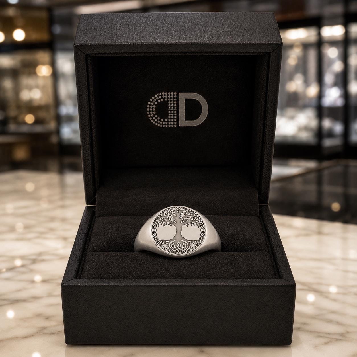 A silver ring is displayed in a black jewelry box with a logo on the lid.