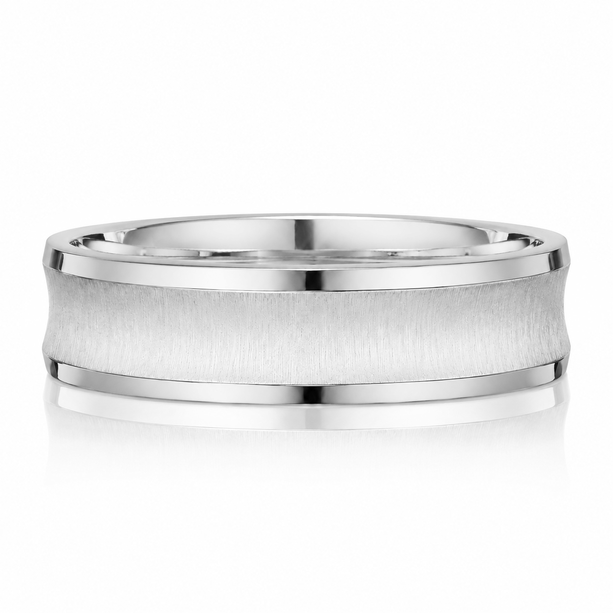 A silver-colored ring with a textured band, displayed against a white background.