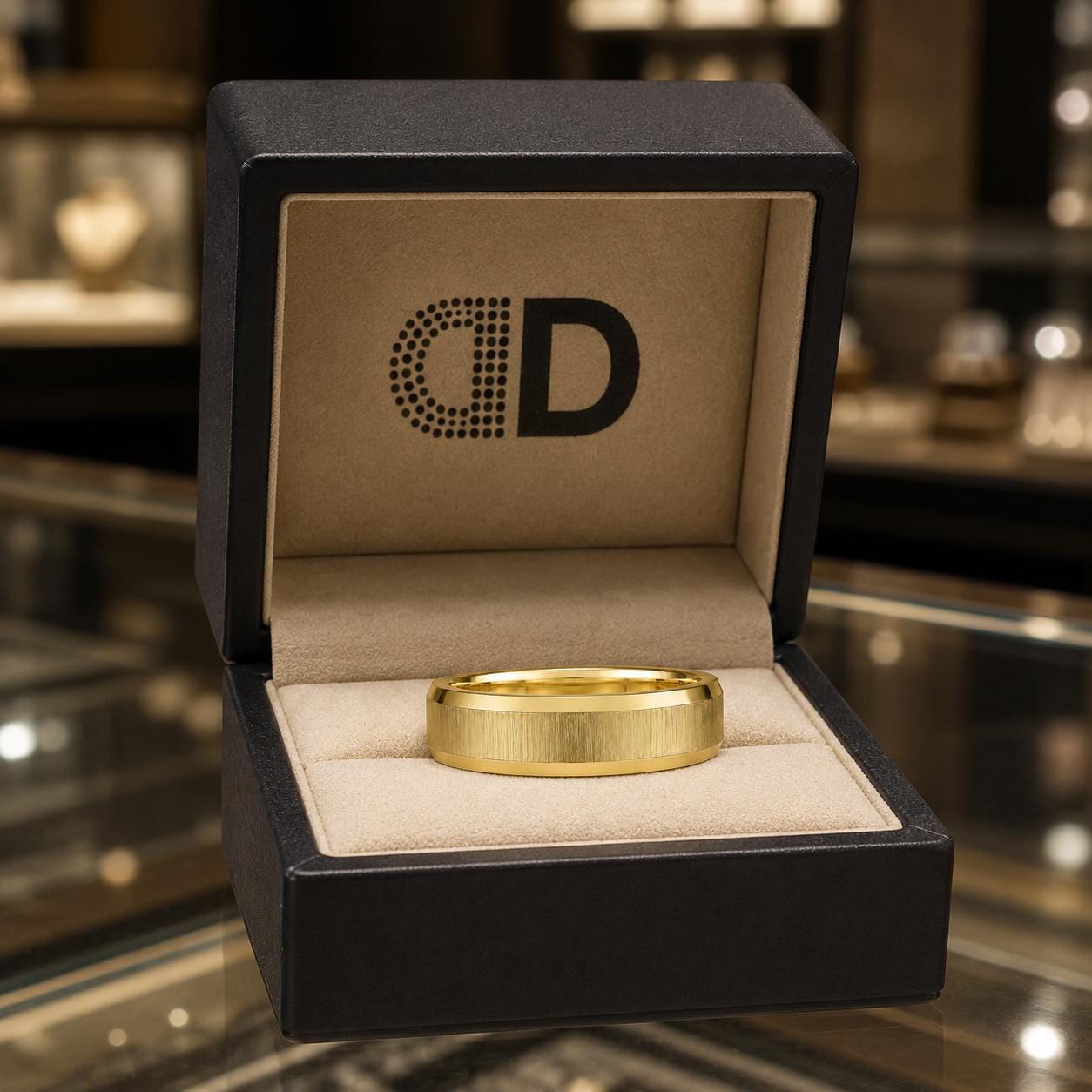 A gold ring is displayed in a black jewelry box with a logo on the inside.