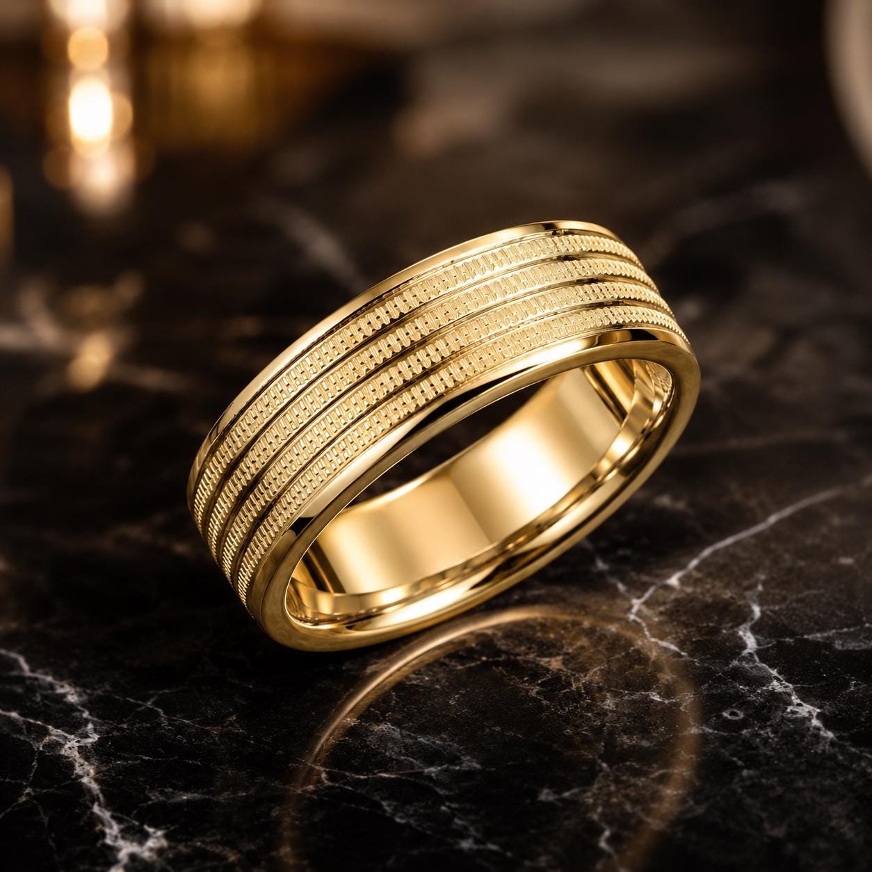 A gold ring with a textured band is displayed on a dark marble surface.
