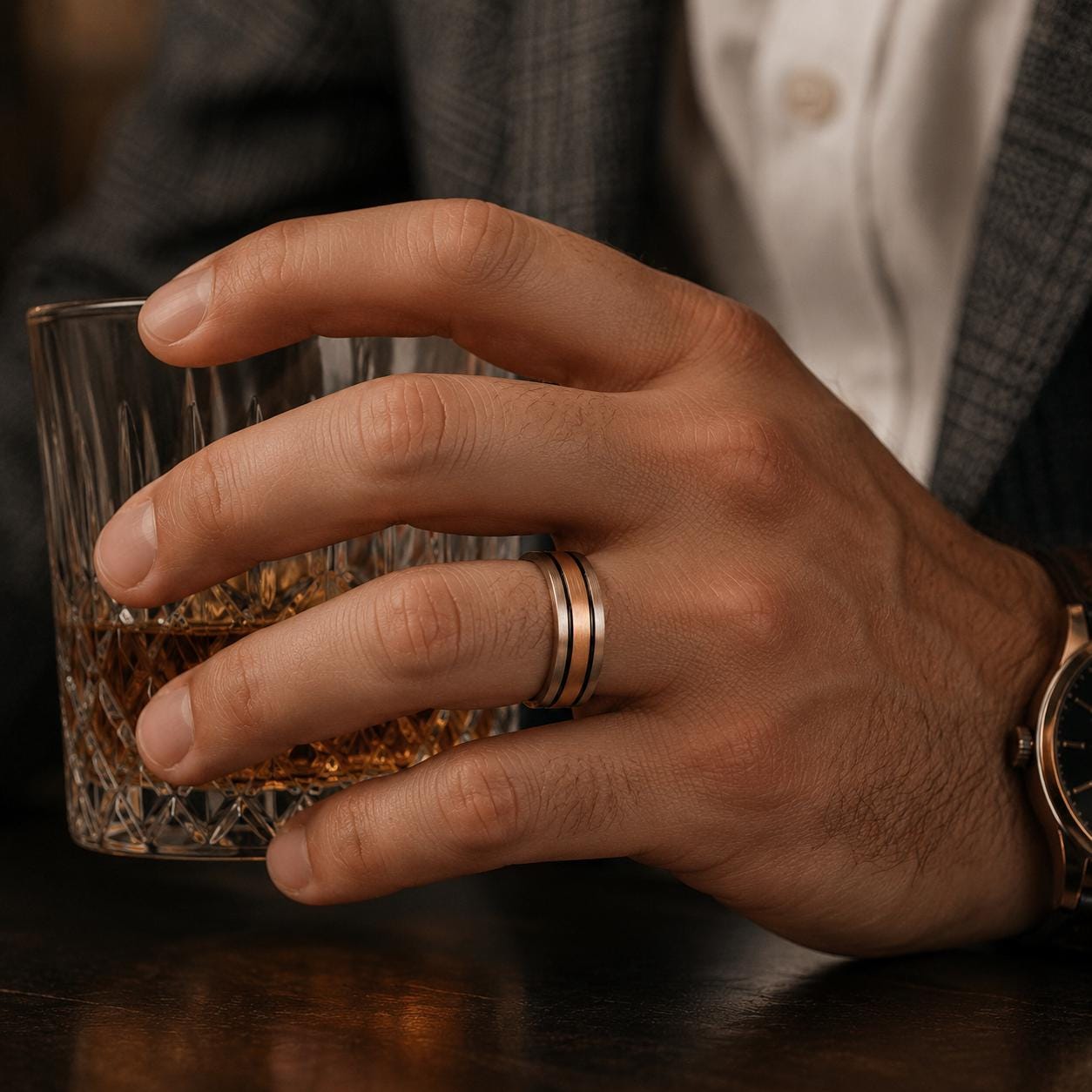 A hand wearing a ring holding a glass of whiskey, with a watch visible on the wrist.