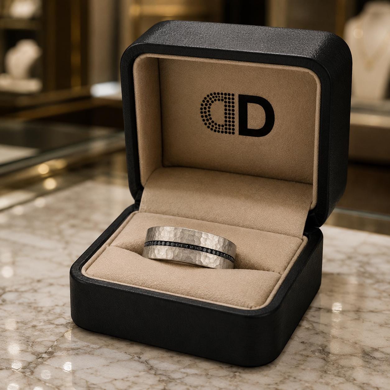 A silver ring is displayed in a black jewelry box with a beige interior, placed on a marble countertop.