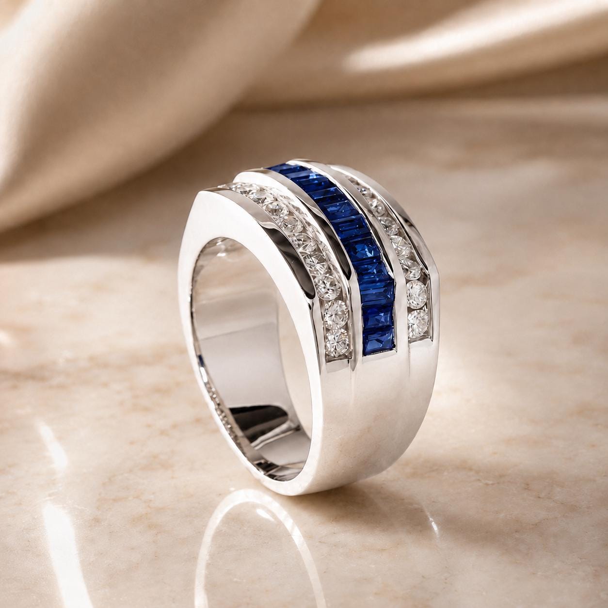 A silver ring with a row of blue gemstones, including sapphires and diamonds, set in a modern design.