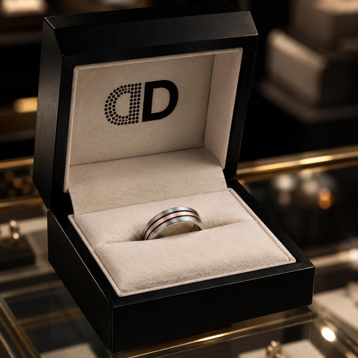 A silver ring is displayed in a black jewelry box with a white interior, placed on a glass countertop.