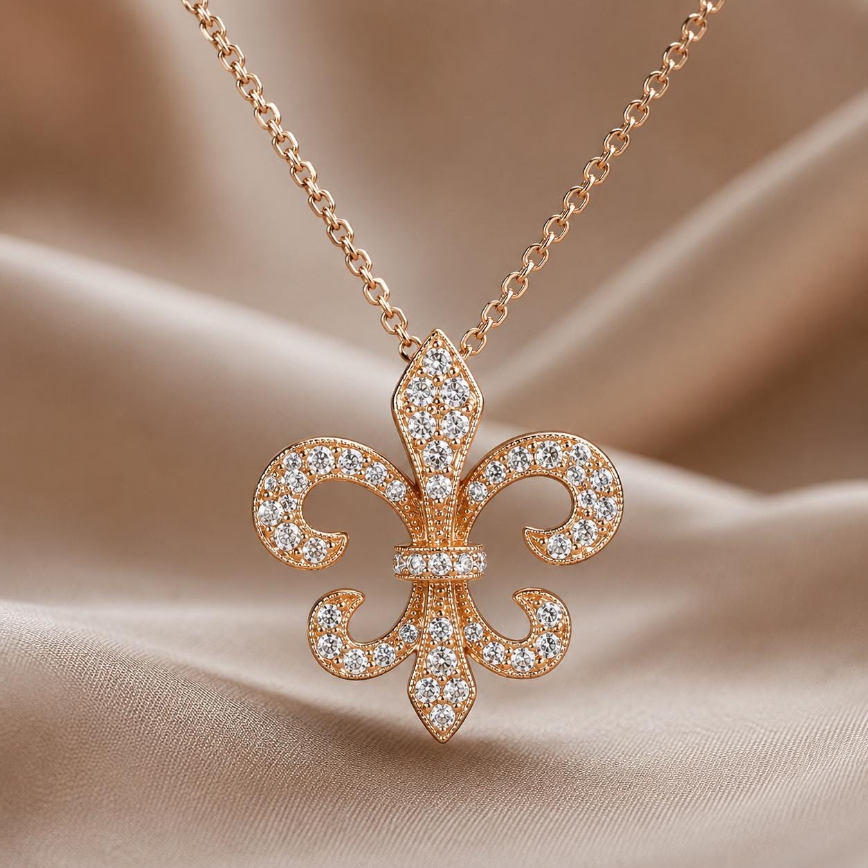 A gold-colored necklace with a pendant featuring a diamond-encrusted design, resembling a fleur-de-lis flower.