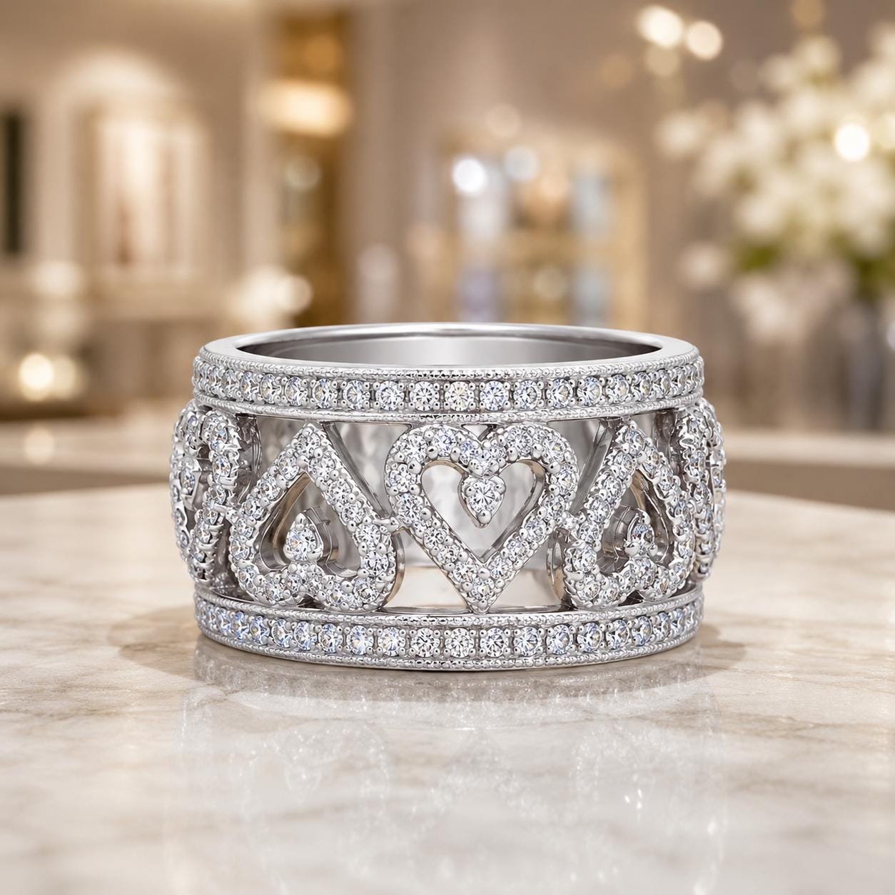 A silver ring with a heart-shaped design and sparkling diamonds on the band is displayed on a marble surface.