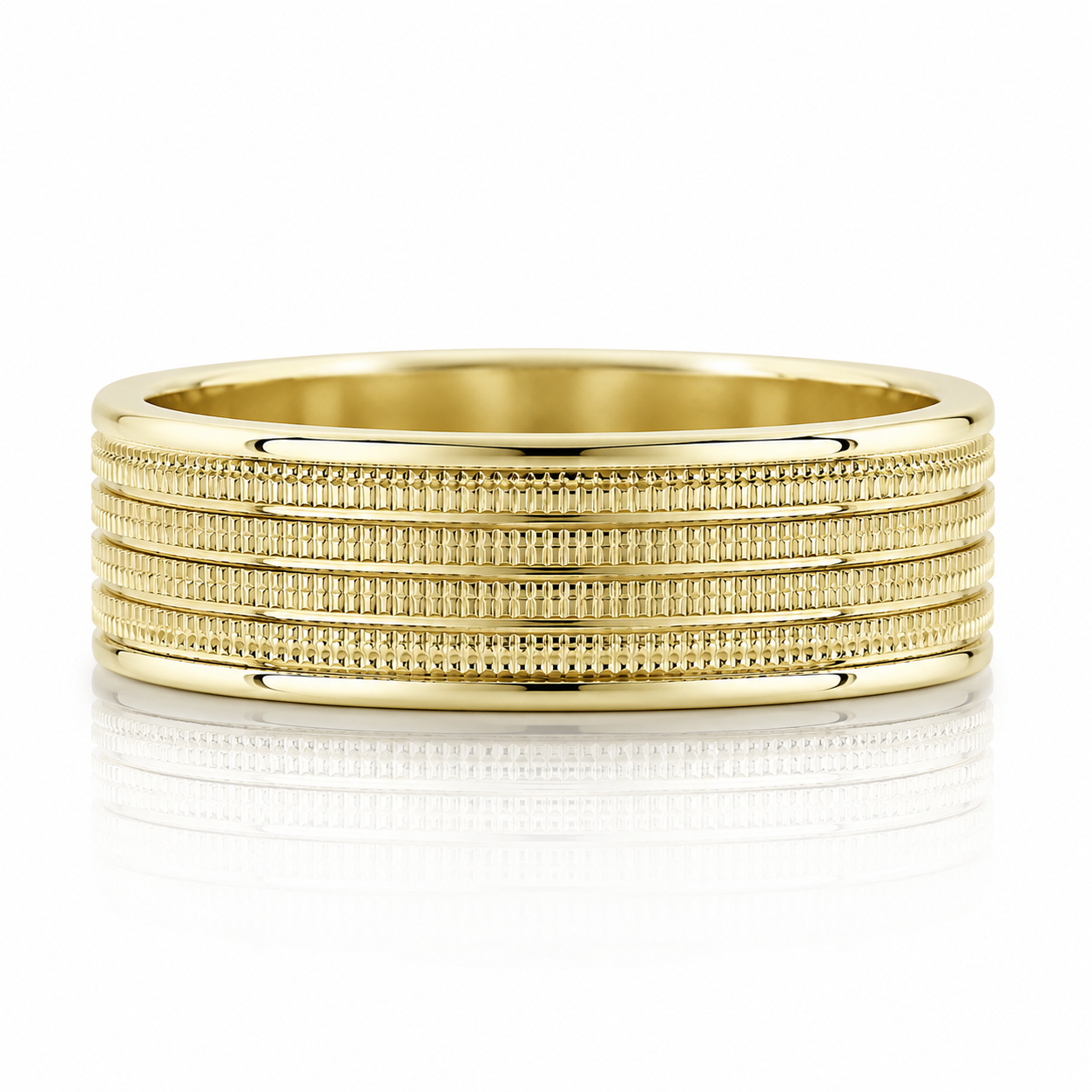 A gold ring with a textured band design.
