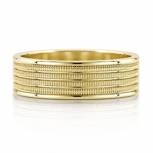A gold ring with a textured band design.