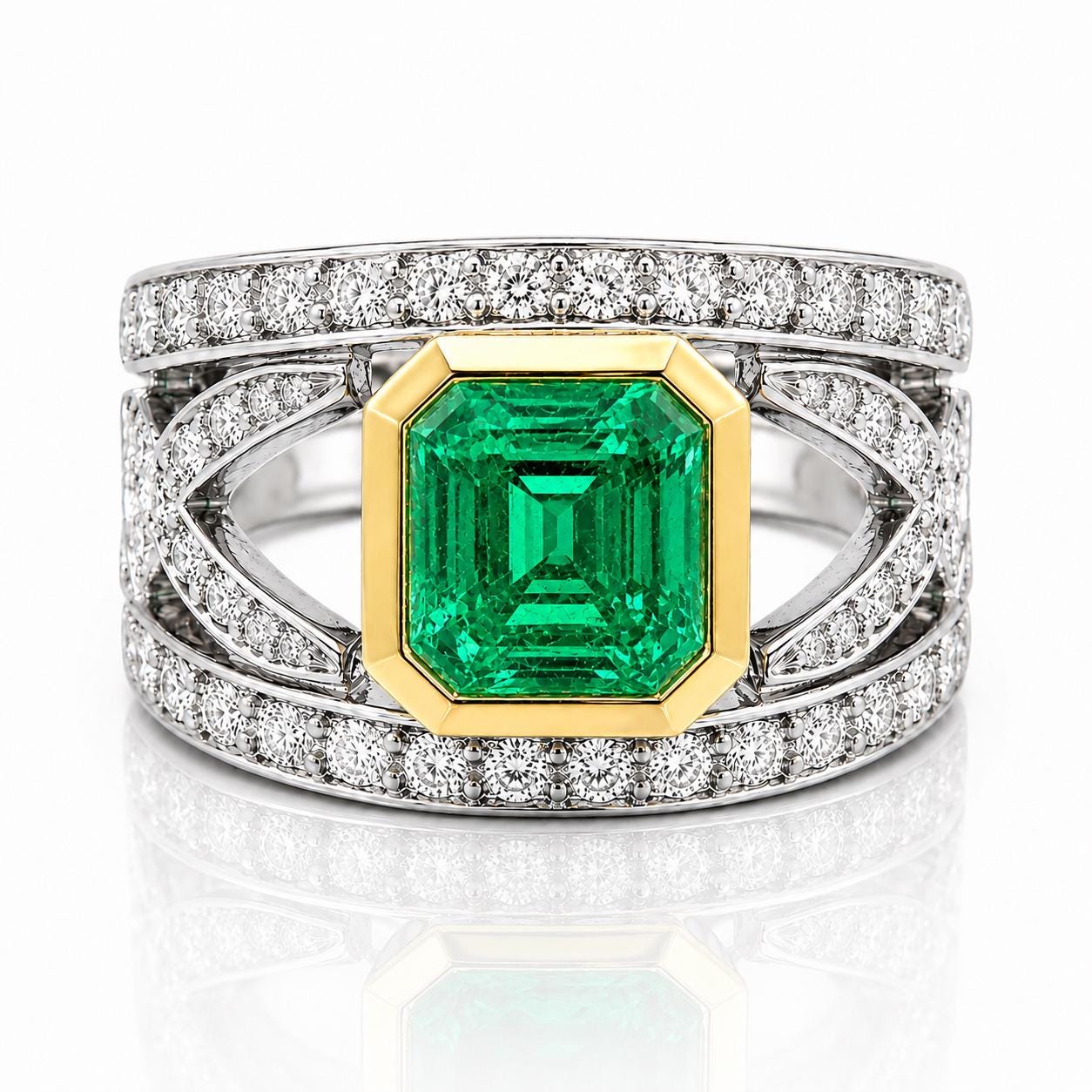 A diamond ring with a large, vibrant green gemstone in the center.